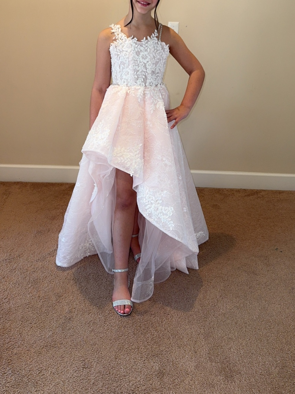 Girls' Pink High-Low Lace Party Dress
